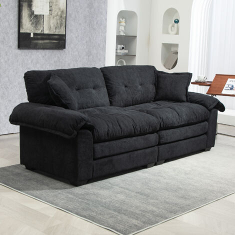 Sofa 214x89x93 cm, Chenille in Schwarz, gepolstert mit Memory-Schaum und Taschenfedern, 2-Sitzer mit tiefem Sitz (1/5)
