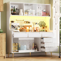 Hochschrank MDF/Glas Weiß 145x39x171 cm mit Schiebetüren, geriffelter Glasfront, LED-Lichtleiste und Metall-Lochplatte
