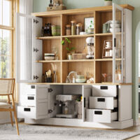 Geschirrschrank MDF Weiß 140x40x185 cm mit 6 Schubladen, Glastüren, 6 Ablagefächern und Kippschutz