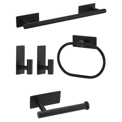 Set di 5 portasciugamani da bagno a parete, accessori per il bagno, anelli portasciugamani in acciaio inox, non richiedono foratura, colore nero.