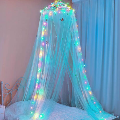 Kit di zanzariera a cupola LED per camera da letto - Tenda da letto in stile bohémien senza installazione - Fogliame (60x250 cm) - Blu (1/5)