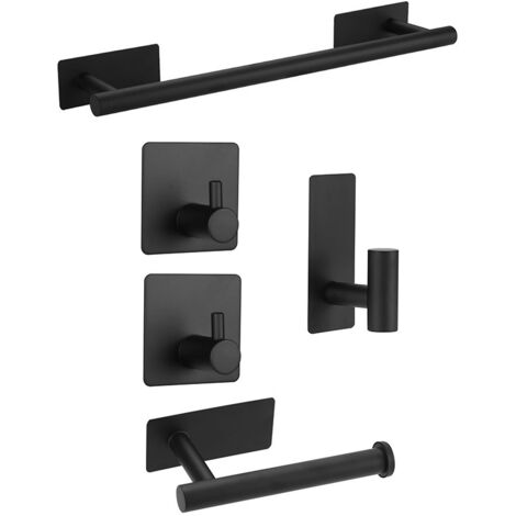 Set da bagno da 5 pezzi, composto da portasciugamani, appendiabiti, portarotolo di carta igienica, non richiede foratura, colore nero.