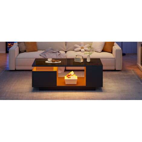 Table de salon, table à café avec un tiroir. Table d’appoint brillante au style LED. Table de salon, dotée de quatre espaces de rangement sur les côtés, et de un design décoré avec des motifs incisifs (1/5)