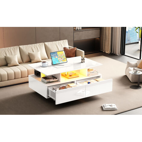 Table de salon moderne en stratifié brillant, avec éclairage LED et 2 tiroirs. Tablette de rangement élégante, mesurant 90x55x41 cm. Capacité de charge jusqu’à 30 kg. (1/5)