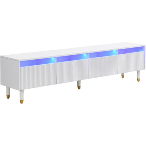 Armoire de télévision moderne et blanche, mesurant 178 cm. Design minimaliste. Grande capacité d’stockage. Comporte 4 compartiments. Fabriquée en MDF et en acrylique. Idéale pour le salon. Stable, élé (1/5)