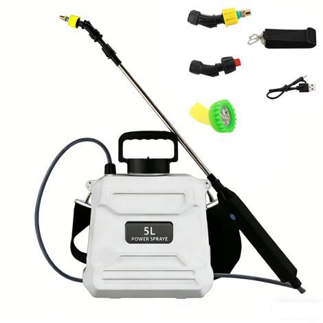 Spruzzatore elettrico con 3 ugelli nebulizzatori, Spruzzatore a spalla a batteria per annaffiare, pulire e disinfettare, 5 litri (1/5)