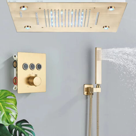 Sistema doccia termostatico, set doccia a pioggia a LED, rubinetto doccia in ottone con doccetta, oro
