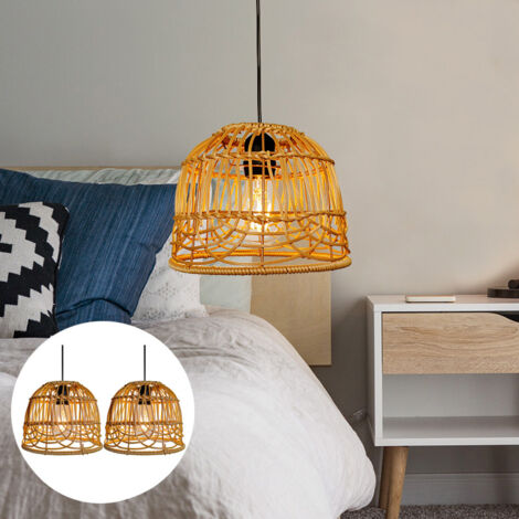 Set di 2 lampadari decorativi a LED in rattan bohémien, luce calda, attacco E27, 4 batterie cilindriche AA e telecomando