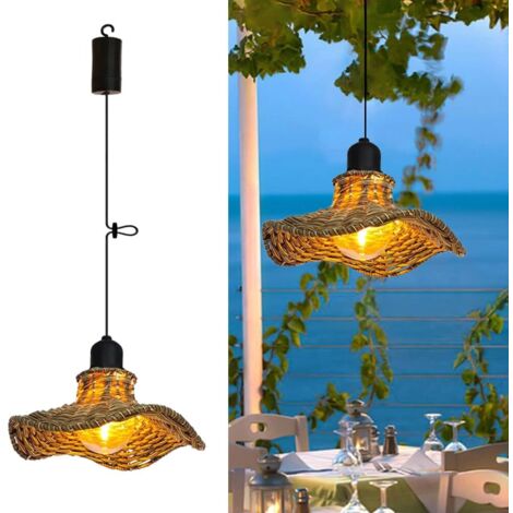 Lampadario da esterno in rattan bohémien, adatto a giardini e gazebo, a batteria/senza telecomando, 18,5 x 7,5 cm, luce calda