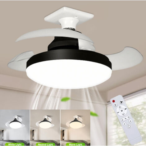 Ventilatore da soffitto a LED con telecomando, pale retrattili, 3 velocità del vento, temperatura colore regolabile (3000-4500K-6500K), 38 cm (nero)