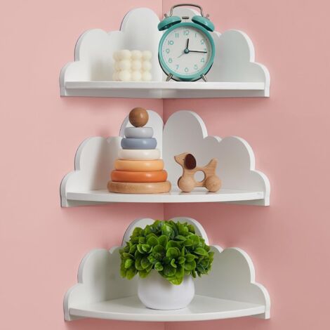 Set di 3 mensole angolari da parete bianche, grazioso espositore da parete a forma di nuvola, adatto per giocattoli, contenitori e decorazione murale. (1/5)