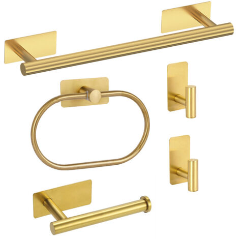 Juego de cinco accesorios de baño, que incluye un toallero, anillas y ganchos para toallas no requiere taladrar color dorado.