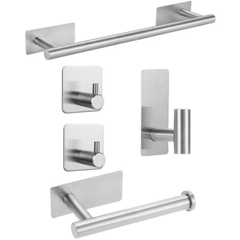 Juego de accesorios de baño de 5 piezas: toallero de pared sin agujeros, portarrollos de papel higiénico y gancho para batas, color plata.