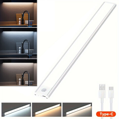 Luz para armario recargable por USB con sensor — 3 colores de luz con brillo ajustable, instalación magnética, luz LED ultrafina de 40 cm