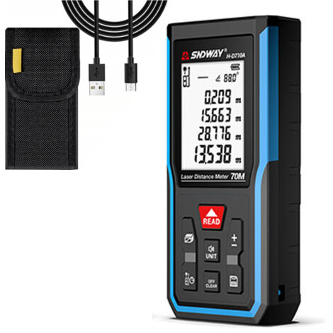 Medidor de distancia láser recargable de 70 m, precisión de ±2 mm, interruptor de unidad M/in/ft, 9 modos (con batería) (1/5)