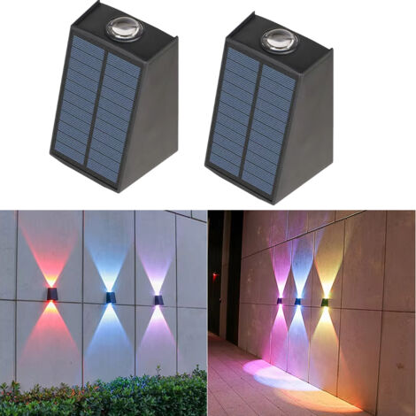 Aplique solar de pared de 2 LED, iluminación solar de pared superior e inferior con doble cabezal, luz multicolor