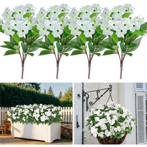 Cuatro plantas de impatiens blancas y artificiales, ideales para decorar terrazas, céspedes, jardines, balcones, cestas colgantes y porches (40 cm). (1/5)