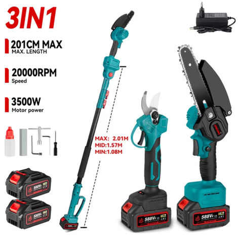 Motosierra eléctrica telescópica 3 en 1 de 3500 W, podadora de ramas eléctrica de largo alcance, herramienta de poda eléctrica con 2 baterías Makita.