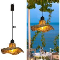 Lámpara de araña de exterior de ratán bohemio, ideal para jardines y cenadores, funciona con pilas/sin mando a distancia, 18,5 x 7,5 cm, luz cálida.