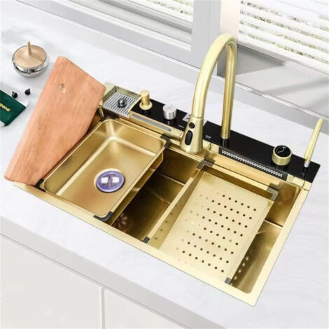 Luxury kitchen sink, stainless steel waterfall sink with faucet, pure water tap, integrated digital display, pull-out faucet sink