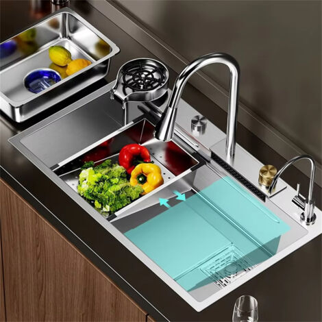 Multifunctional stainless steel sink (304), 68x45 cm, large capacity, with tap and glass rinsing system