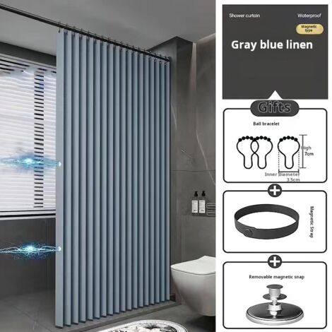 Magnetic linen shower curtain, 180 x 200 cm, foldable, with hooks, mildew and splash resistant, no holes, blue