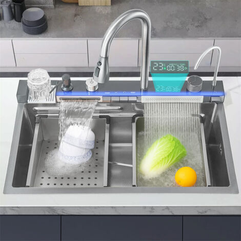 Stainless steel kitchen sink with waterfall, large integrated single bowl and adjustable temperature tap (black and grey) (1/5)
