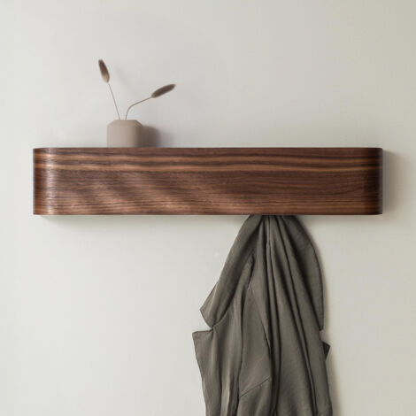 Wall-mounted coat rack with storage shelves, wall-mounted coat rack, entryway storage shelf, with 5 concealed metal hooks (Walnut)