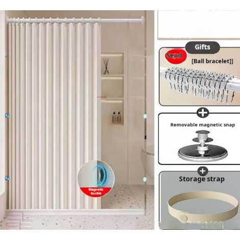 Heavy-duty magnetic linen shower curtain, 150 x 200 cm, foldable, splash-proof and mildew-resistant, with hooks, beige