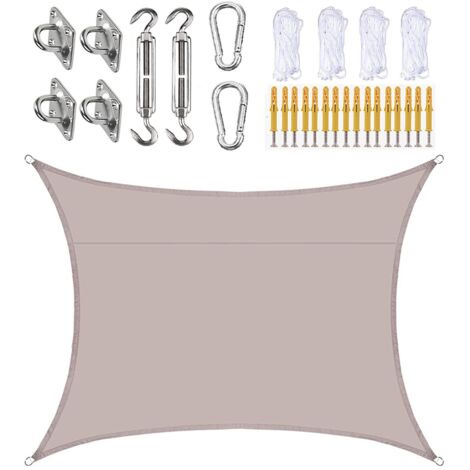 Rectangular shade sail 200 x 200 cm with ropes and accessories, waterproof and UV resistant, for garden, terrace, carport (khaki)