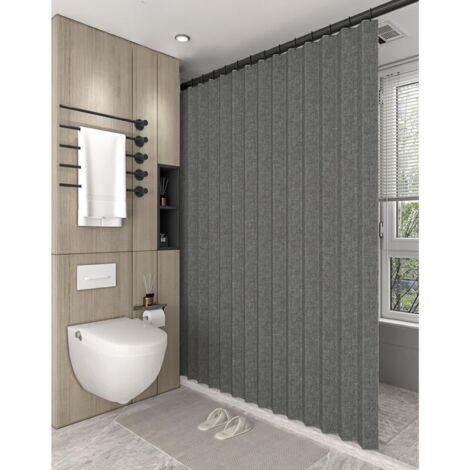 Magnetic folding shower curtain 220 x 200 cm, with hooks, mildew resistant, made of linen and polyester, grey