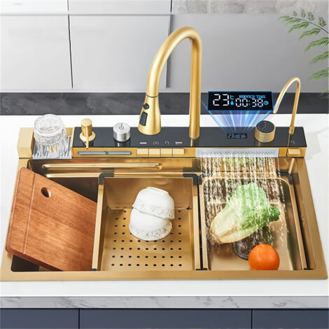 Stainless steel double waterfall kitchen sink, large single kitchen sink with large tap and adjustable temperature (gold)