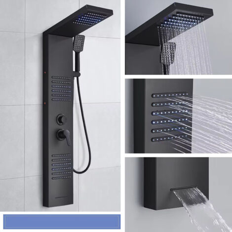 Thermostatic mixer, matte black LED shower panel, waterfall rain shower column, double handle mixer
