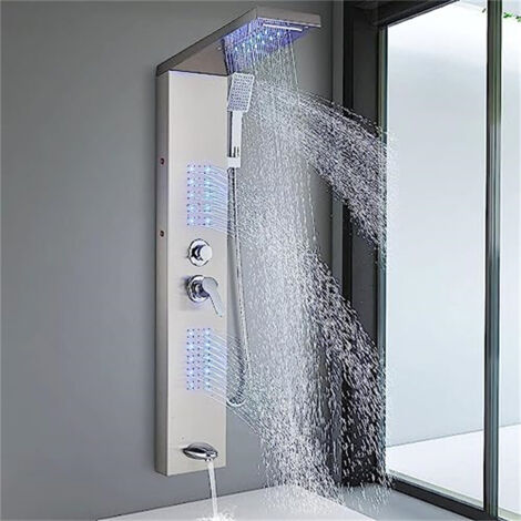 Stainless steel LED shower column, faucets, 5-function shower system, rain shower head, silver (1/5)