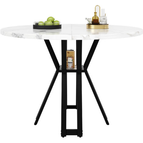 Table de salle à manger ronde (100 x 100 x 76 cm), pouvant accueillir 4 à 6 personnes, adaptée aux salles à manger et aux salons, avec des pieds noirs et un plateau en MDF à motif marbre. (1/5)