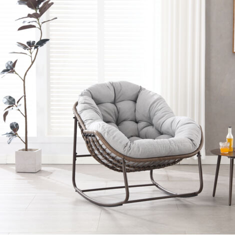 Fauteuil à bascule d'extérieur, fauteuil à bascule en rotin en forme d'œuf avec coussins épais, fauteuil lounge moderne, adapté aux jardins ensoleillés et aux patios, gris (1/4)