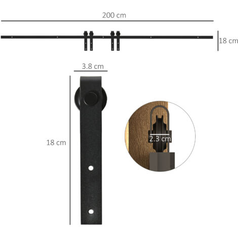 Ferrures pour portes coulissantes doubles, rails de porte coulissante, accessoires pour portes coulissantes, acier au carbone, noir, 200 x 0,6 x 18 cm, convient aux portes intérieures. (1/4)