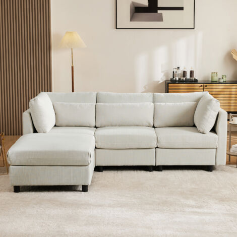 Canapé moderne, canapé trois places, canapé de salon, canapé d'angle avec pouf, canapé d'angle en L, beige (1/5)