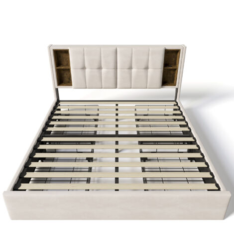Lit double 160x200cm avec port USB-C de chargement sans fil et 4 tiroirs, cadre de lit rembourré, beige (matelas non inclus). (1/5)