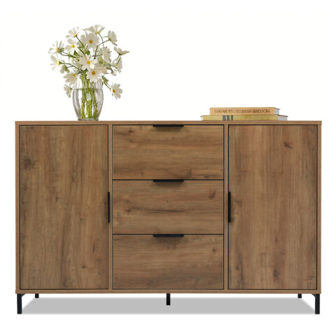 Commode à trois tiroirs à double porte en chêne foncé, 120 x 40 x 76 cm, buffet/armoire haute avec étagères réglables, convient aux chambres et aux salons (1/5)