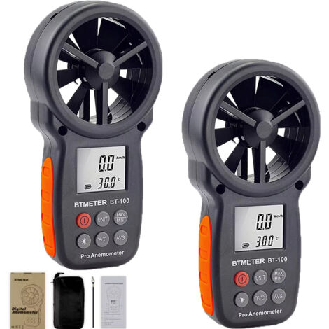 2PCS BT‑100 Portable Anemometer, Digital Wind Speed Measurement (CFM), Wind Chill, Wind Temperature Range -10°C to 45°C