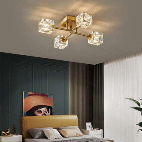 Simple LED Ceiling Light for Bedrooms, Modern Decorative Crystal Lamp, Antique-Style Chandelier, Transparent Gold, 4-Head, Light Source Not Included (1/5)