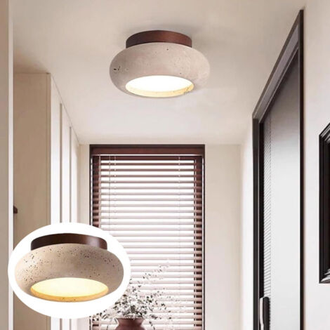 Yellow Travertine Ceiling Light, Modern Japanese-Style Fixture, Walnut Finish, Tri-Color Light