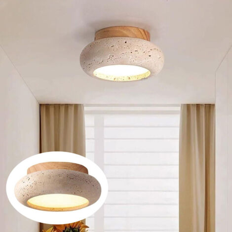 Vintage Wabi-Sabi Style Cream LED Ceiling Light for Entryways, Hallways, and Stairwells—Natural Wood Finish, Tri-Color Light