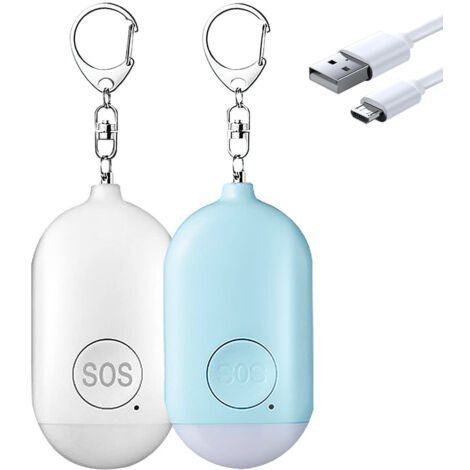 2 Pack 130dB USB Rechargeable Personal Alarm with Emergency LED Flashlight and Siren for Women, Elderly and Children (White + Blue) (1/5)