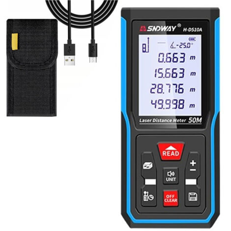 Rechargeable 50m Laser Rangefinder, ±2mm Accuracy, M/in/ft Unit Switch, 9 Modes (with Battery) (1/5)