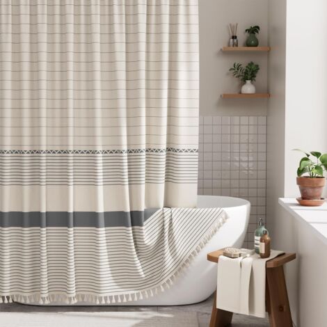 Modern shower curtain with tassels, bohemian style shower curtain, linen striped shower curtain, with hooks, 180cm180cm, grey