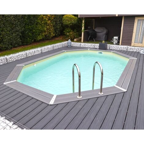 Ubbink – Piscine hors sol octogonale en bois 300x490x120cm – Liner beige – Volume 11,1m³ – Épaisseur des parois 45mm – Installation hors-sol ou enterrée