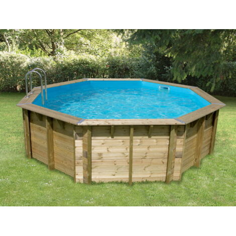 Ubbink – Piscine bois octogonale 4,30 x 1,20 m – Liner bleu 75/100ème – Volume 11 m³ – Filtration à sable 6 m³/h – Installation hors-sol ou enterrée (1/10)
