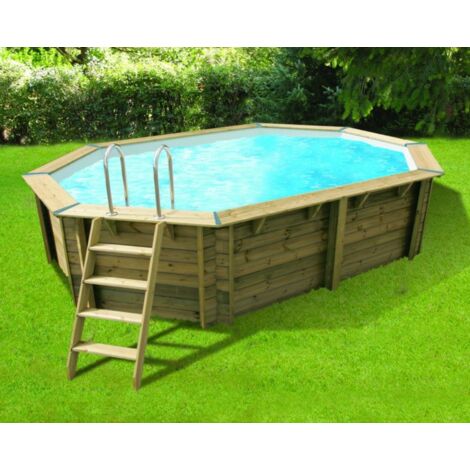Ubbink – Piscine bois octogonale allongée 355x490x130cm – Liner bleu – Volume 15,8m³ – Structure en bois autoclave classe 4 – Installation hors-sol ou enterrée